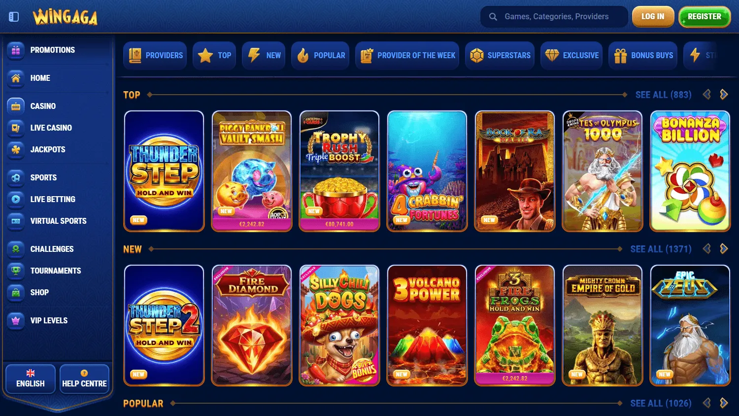 Wingaga Casino desktop game selection