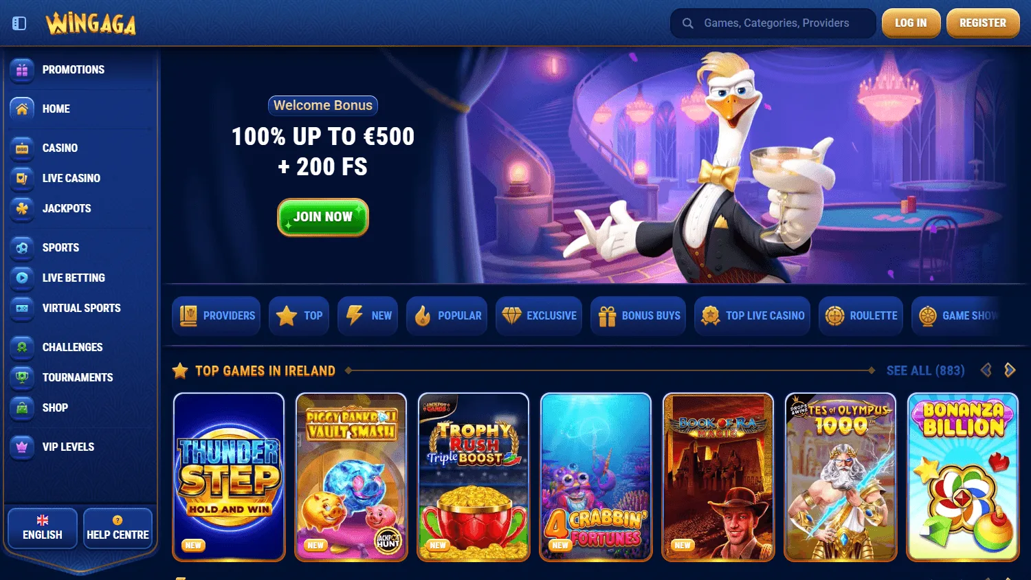 Wingaga Casino desktop home interface