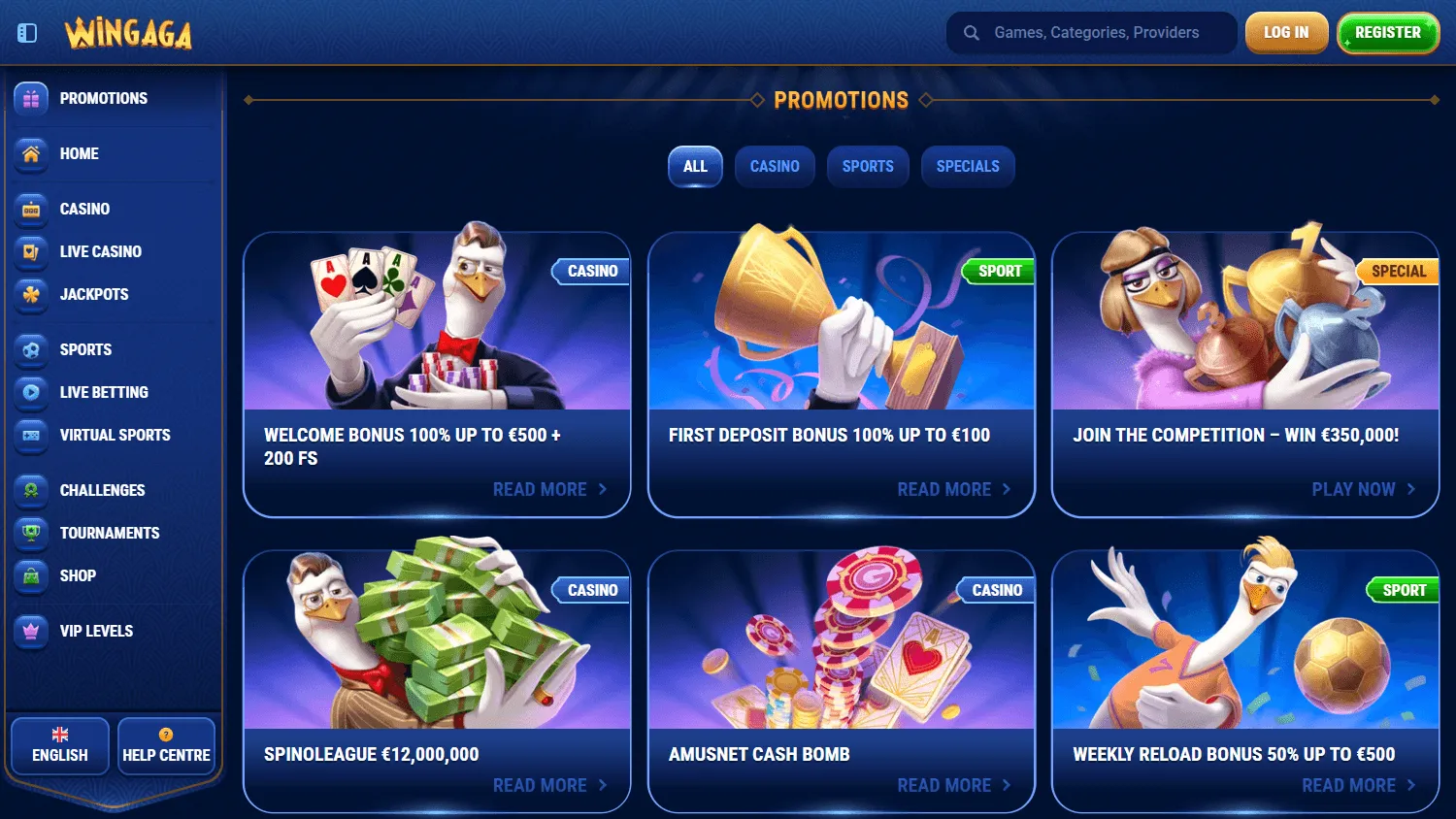 Wingaga Casino desktop promotions area