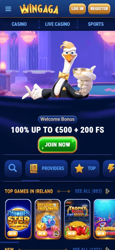 Wingaga Casino mobile home interface